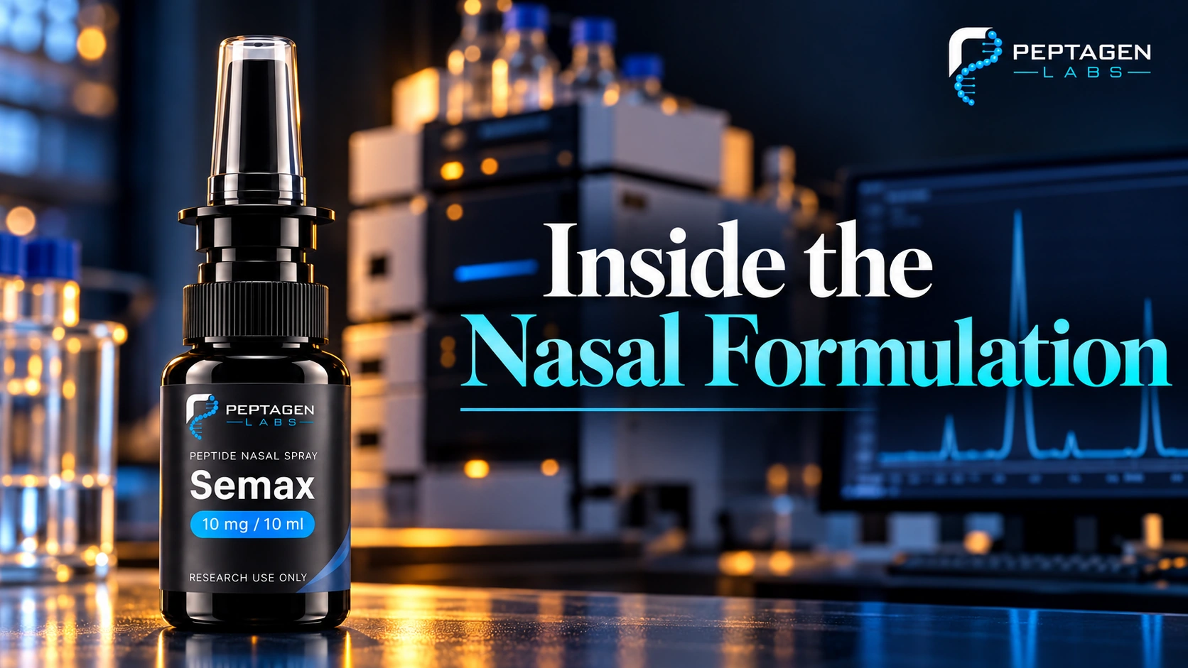 Frasco de pulverizador nasal com marca apresentado como ilustração editorial de uma formulação.